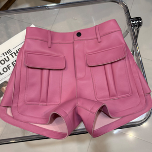 Shorts cargo <span class=keywords><strong>taille</strong></span> <span class=keywords><strong>haute</strong></span> en <span class=keywords><strong>cuir</strong></span> véritable pour femmes, poches à rabat utilitaires, shorts sexy - Product Image 3