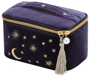 Échantillon gratuit : Grande trousse de maquillage carrée en velours bleu marine avec appliques brodées Lune Étoiles Soleil, sac de rangement pour esthéticienne, pochette - Product Image 1