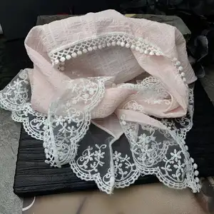 DOMOHO High-Grade Cotton Triangle Silk Scarf French Girl Style Floral Turban Scrunchie Ribbon Tied Bandanas Flower Lace Design