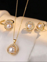 Parure de Bijoux de Luxe 3 Pièces en Alliage Plaqué Or, Perles d'Imitation, Collier, Boucles d'Oreilles et Bague, Accessoires Décontractés, Vente en Gros