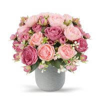 Buket Kecil 5 Bunga Peony dan Mawar Persia Buatan untuk Dekorasi Pernikahan, Luar Ruangan, dan Hotel, Bunga Buatan Grosir