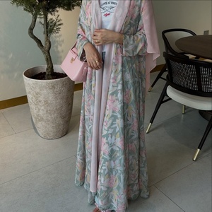 Premium Floral <b>Printed</b> Open Abaya with Matching Hijab - Lightweight Chiffon Muslim Dress for Daily & Special Occasions (1487) - Product Image 1