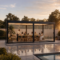 Pergola motorisée en aluminium avec finition thermolaquée, toit à lames orientables, éclairage RGB étanche, portes vitrées - Design inspiré de la nature