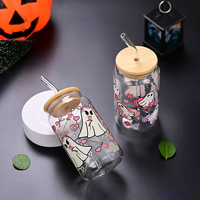 Gobelet en forme de canette de 16 oz avec couvercle coloré et paille, réutilisable, transparent, pour Halloween, Noël et autres fêtes