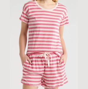 Nueva Moda, Pijamas de Algodón de Manga Corta para Mujer, Color Personalizado, Rayas, <span class=keywords><strong>Dos</strong></span> Piezas, Ropa de Dormir para el Hogar, Conjuntos de Pijamas para Mujer - Product Image 1