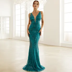 Missord Stylish Gowns Contrast Sequin Plunging Neck Mermaid Gowns Prom Evening Dress