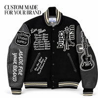 Blouson Bomber Varsity Noir Personnalisé pour Hommes, Thème Musical, Patchs Appliqués en Chenille, Manches en Cuir pour Marques Européennes de Vêtements Masculins