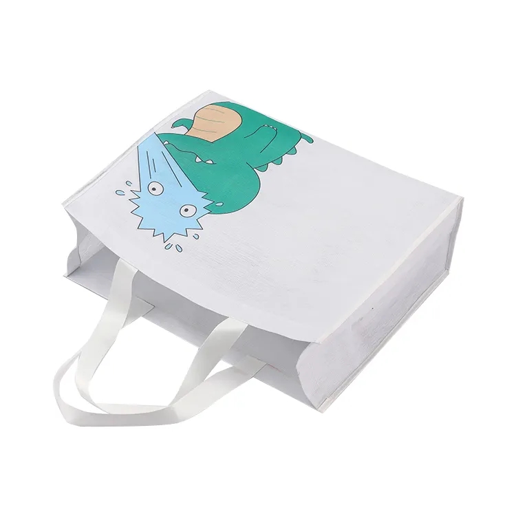 Custom Logo print white cartoon non woven recyclable rpet Shopping bag with handle