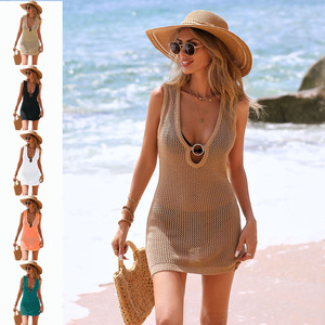 Vestido playero de punto con cuello en V profundo y aberturas, sin mangas, mini vestido para vacaciones - Product Image 2