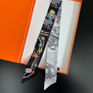 Cinta de Seda de Lujo con Estampado Floral y de Caballos Negros para Asa de Bolso, Personalizada con Impresión Digital, Tipo <span class=keywords><strong>Twilly</strong></span> - Product Image 1