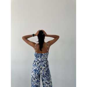 Mono de chifón con cuello en V y tirantes para mujer, de cintura alta, sin mangas, informal, transpirable, estampado, para playa - Product Image 2