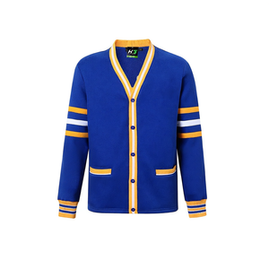 Pull cardigan en chenille bleu personnalisé avec manches rayées Fournisseur de vêtements de sororité et de fraternité universitaire - Product Image 1