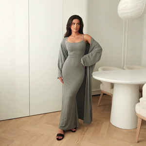 Conjunto de Vestido Largo Tipo Cárdigan de Color Sólido para Mujer, Tallas SMLXLXXL, Negro, Gris, Marrón Oscuro, Rosa, Amarillo, Estilo Casual Europeo y Americano - Product Image 2