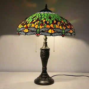 LongHuiJing Tiffany Style Dragonfly Design 2-light Table Lamp Stained Glass Lampshade Deskt Light With Antique Resin Base