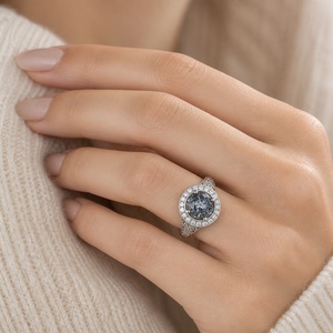 Anillo de Filigrana de Rodio con Diamantes Sal y Pimienta, Plata de Ley 925, Corte Ovalado, Halo, Estilo Victoriano Antiguo, Joyería de Aniversario - Product Image 2