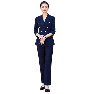 Women's Double Breasted Suit Set Navy Blue Three Quarter Sleeve Formal Workwear Anti-Wrinkle Wool Blend Commuting Style - Product Image 5