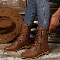 Bottes de combat pour femmes, à lacets, avec fermeture éclair latérale, doublées de polaire, mi-mollet, chaussures de mode automne-hiver, multicolores