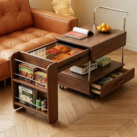 Table d'appoint mobile rétractable pour canapé avec étagères de rangement coulissantes, chariot de rangement multifonctionnel pour salon avec tiroirs