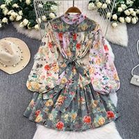 Robe en polyester pour femme, style français vintage, à imprimé floral, col montant, manches lanternes, ceinturée à la taille, pour le printemps
