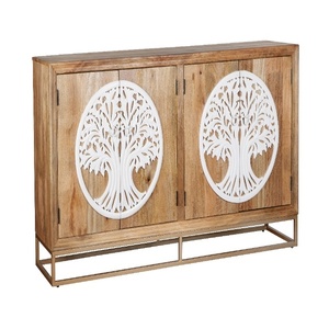 Hand-Carved Wooden <b>Sideboard</b> Cabinet with Tree of Life Design Solid Wood <b>Storage</b> Console with Metal Base Luxury Living Room - Product Image 2
