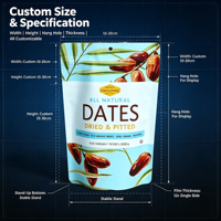 Sachet d'emballage personnalisé avec date, épaisseur 12c, refermable, à fermeture éclair, anti-odeur, réutilisable, pour fruits secs, noix et snacks