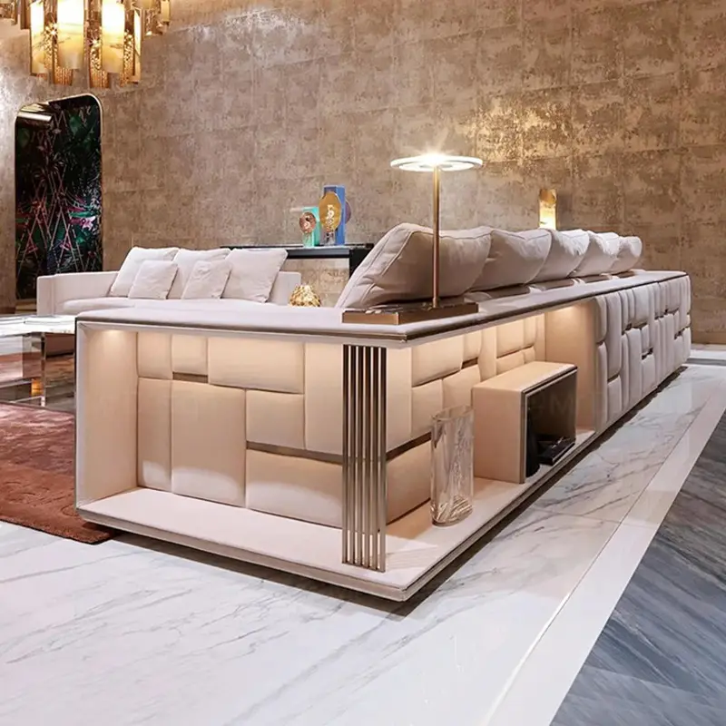 इतालवी उच्च अंत कमरे में रहने वाले सोफा सेट फर्नीचर प्रीमियम अनुभागीय एल आकार चमड़े के लक्जरी विला के लिए सोफा सेट