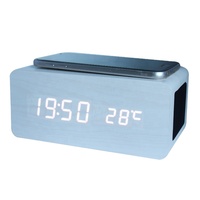 Multifunctionele Home Decor Dc Power Nachtkastje Draadloze Telefoon Oplader Led Wekker Blue Tooth Houten Klok Met Speaker