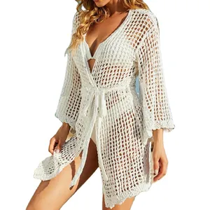 Ladies Sexy Hollow Out Long Sleeve Cardigan Beach White Middle Dress Crochet Macrame Robe Blanche De Plage Plage Plage