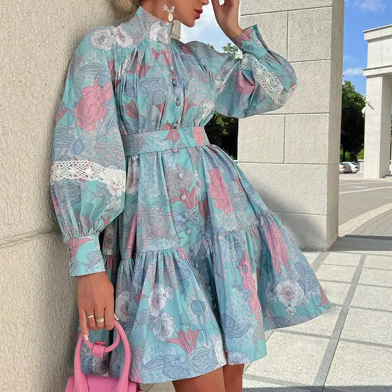 Spring and Autumn New Women's fashion temperament long sleeve high collar Large Print Dress