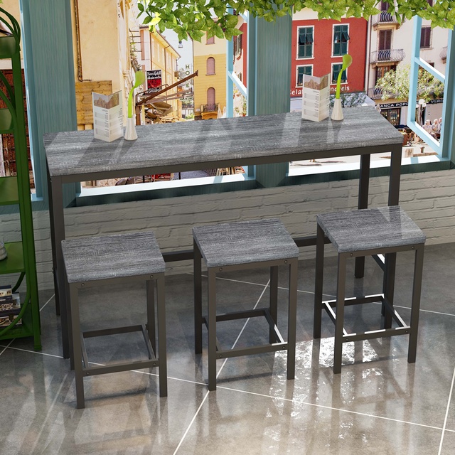 Modern Design Long Dining Table Set with 3 Stools Easy Assembly Kitchen Pub Table and Chair Set for Entry