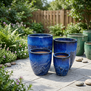 Ensemble de 4 pots de fleurs en céramique, bleu glacé, jardinières d'extérieur, design moderne et contemporain, écologiques, avec trous de drainage pour une utilisation en jardin - Product Image 2
