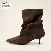 Bottes de cowboy pour femme, nouvelle collection automne, rétro, plissées, mi-mollet, en daim et cuir véritable, à enfiler, à talon aiguille, polyvalentes, à bout pointu