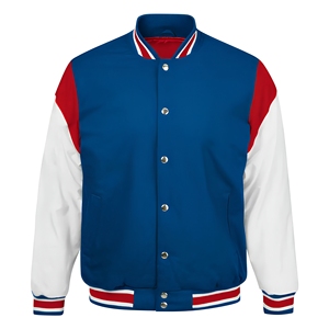 Veste universitaire classique bleue personnalisée avec manches en cuir rouge et blanc, fermeture à boutons-pression, bordure côtelée rayée, tenue d'équipe universitaire - Product Image 1