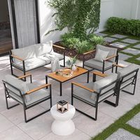 Ensemble de table à manger en teck d'extérieur, fauteuils en bois massif, coussins bleu marine, hôtels, resorts, restaurants, meubles de jardin, patio, durables