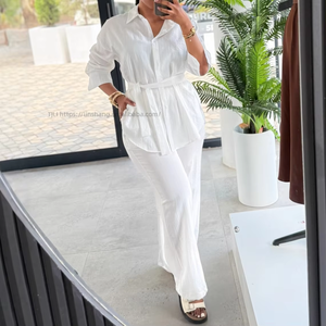 Women's Belted Shirt & Wide Leg <b>Pants</b> Set Long Sleeve Button-<b>Down</b> 2 Piece Outfit Fashion - Product Image 5