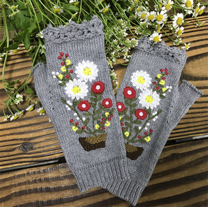 S9528 femmes fait à la main gris tricoté automne hiver gants chauffants rétro Crochet Floral acrylique gants mitaines pour temps froid - Product Image 2