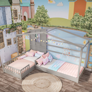 L-shaped <strong>Double</strong> Twin Children <strong>Beds</strong> House <strong>Platform</strong> <strong>Beds</strong> with Fences Corner <strong>Bed</strong> Frame Gray - Product Image 1