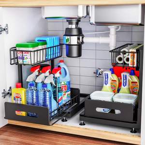 Paquete de <span class=keywords><strong>2</strong></span> organizadores negros para fregadero de cocina, armario de almacenamiento, cesta deslizante de <span class=keywords><strong>2</strong></span> niveles, mostrador en forma de L, estantes ajustables para almacenamiento - Product Image 2