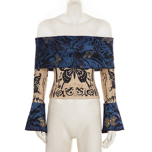 Women Butterfly Print Knitted Digital Printing <b>Long</b> <b>Sleeve</b> Crop <b>Top</b> <b>off</b> <b>Shoulder</b> Bell <b>Sleeve</b> Slim Fit Casual Streetwear T Shirt - Product Image 6