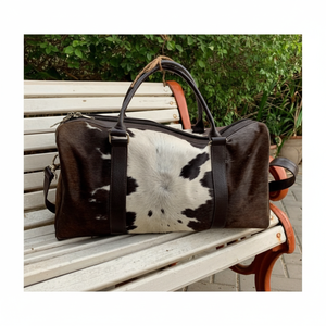 Sac à bagages à poils en cuir de vachette véritable Sac polochon de voyage Weekender en cuir véritable - Product Image 1