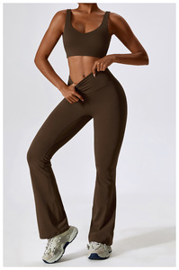 Fabrika özel toptan kadınlar spor salonu giyim egzersiz seti tayt kırpma üst 2 parça dikişsiz uzun kollu spor Yoga sutyen seti - Product Image 4