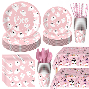 <span class=keywords><strong>Assiettes</strong></span> en papier fantôme rose pour fêtes d'Halloween et du Día <span class=keywords><strong>de</strong></span> Muertos, articles <span class=keywords><strong>de</strong></span> fête <span class=keywords><strong>jetables</strong></span> à thème citrouille étrange - Product Image 1