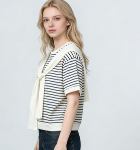 Haut en tricot rayé de style coréen avec logo personnalisé, col rond, patchwork polyvalent, manches mi-longues, confortable, décontracté pour femmes - Product Image 5