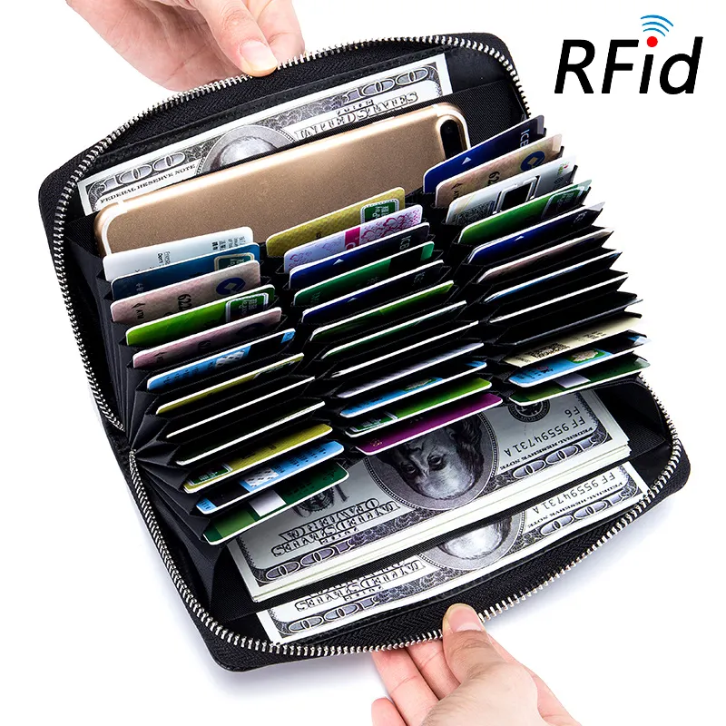 Leather RFID Blocking 36 detent Accordion Wallet Large Capacity Credit Cards Holder Zipper Minimalist Wallet for men women