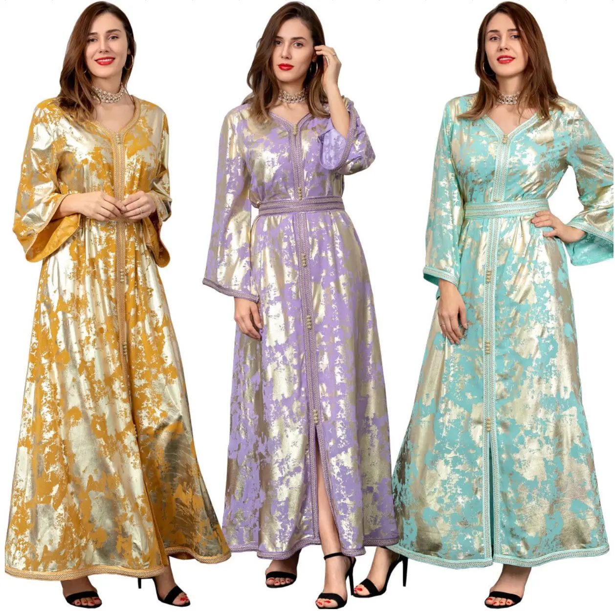 Son Dubai yüksek pahalı İslami giyim müslüman kadınlar şifon Kaftan Abaya türkiye fas elbise yaldız altın engelleme