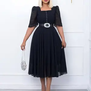 Debutante OL formal professional patchwork chiffon beading casual dresses women puff sleeves with belts A line dress midi length