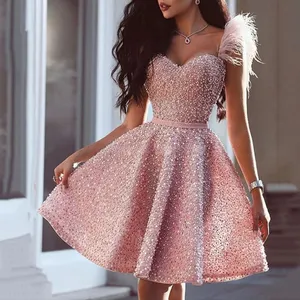 Pha Lê Đính Cườm Vải Tuyn Ren Lông Sang Trọng Màu Hồng Prom Đảng Maxi Sequin Công Chúa Buổi Tối Ngắn Mini Sexy Homecoming Dresses