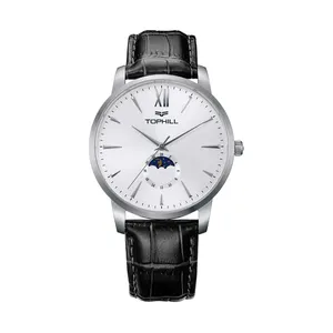 十大品牌Tophill Super Time TW053G不锈钢手表，棕色皮革蓝宝石玻璃经典商务定制