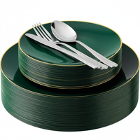 Assiettes en plastique vertes avec bord doré, assiettes jetables fantaisie, ensemble de couverts pour mariage et fête