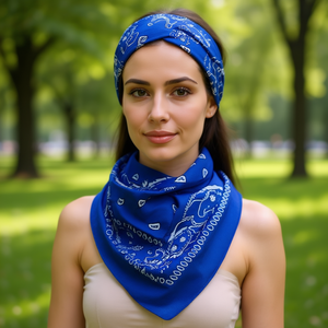 Écharpe carrée Angelina 100% coton bleu royal à motif Paisley 54x54cm, couvre-chef tendance pour femme, multifonctionnelle - Product Image 2